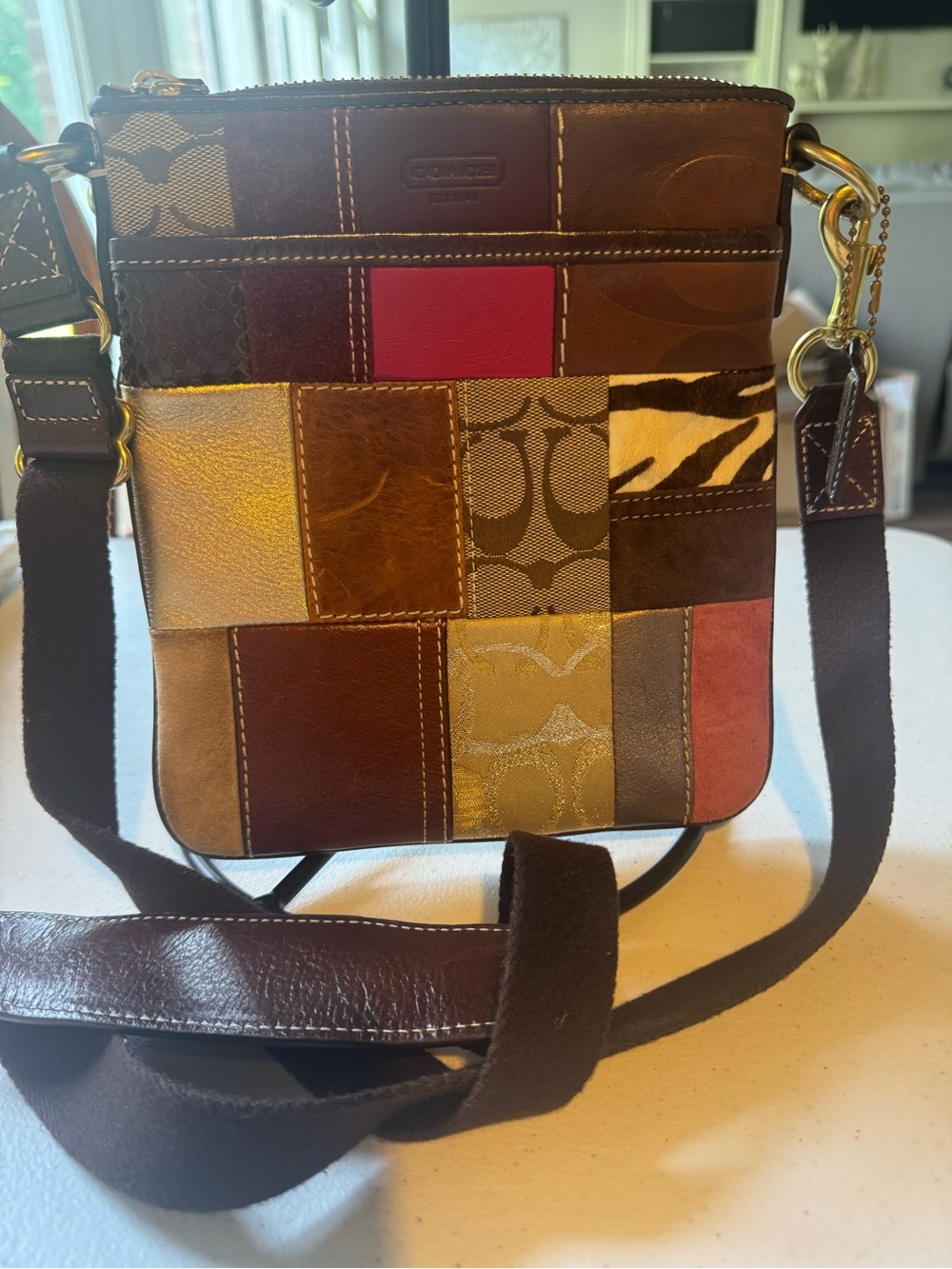Coach Patchwork Leather & Fabric Crossbody in Brown, Gold & Red